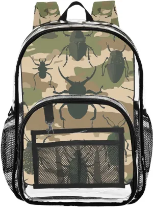 Kids PVC Clear Backpack Beetle Camouflage Heavy Duty Multi-pockets Large Capacity Transparent See Through Bookbag for School Travel Sport Work