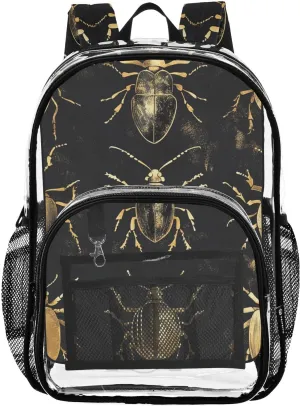 Kids PVC Clear Backpack Beetle Golden Heavy Duty Multi-pockets Large Capacity Transparent See Through Bookbag for School Travel Sport Work
