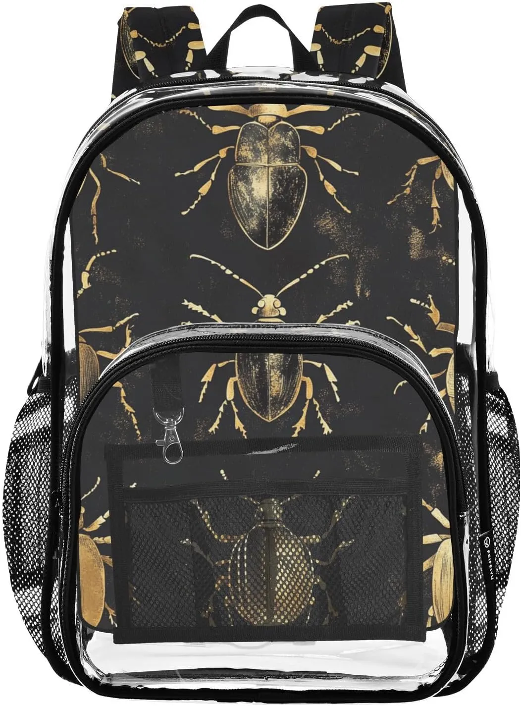 Kids PVC Clear Backpack Beetle Golden Heavy Duty Multi-pockets Large Capacity Transparent See Through Bookbag for School Travel Sport Work