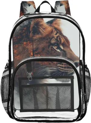 Kids PVC Clear Backpack Lioness Double Exposure Heavy Duty Multi-pockets Large Capacity Transparent See Through Bookbag for School Travel Sport Work