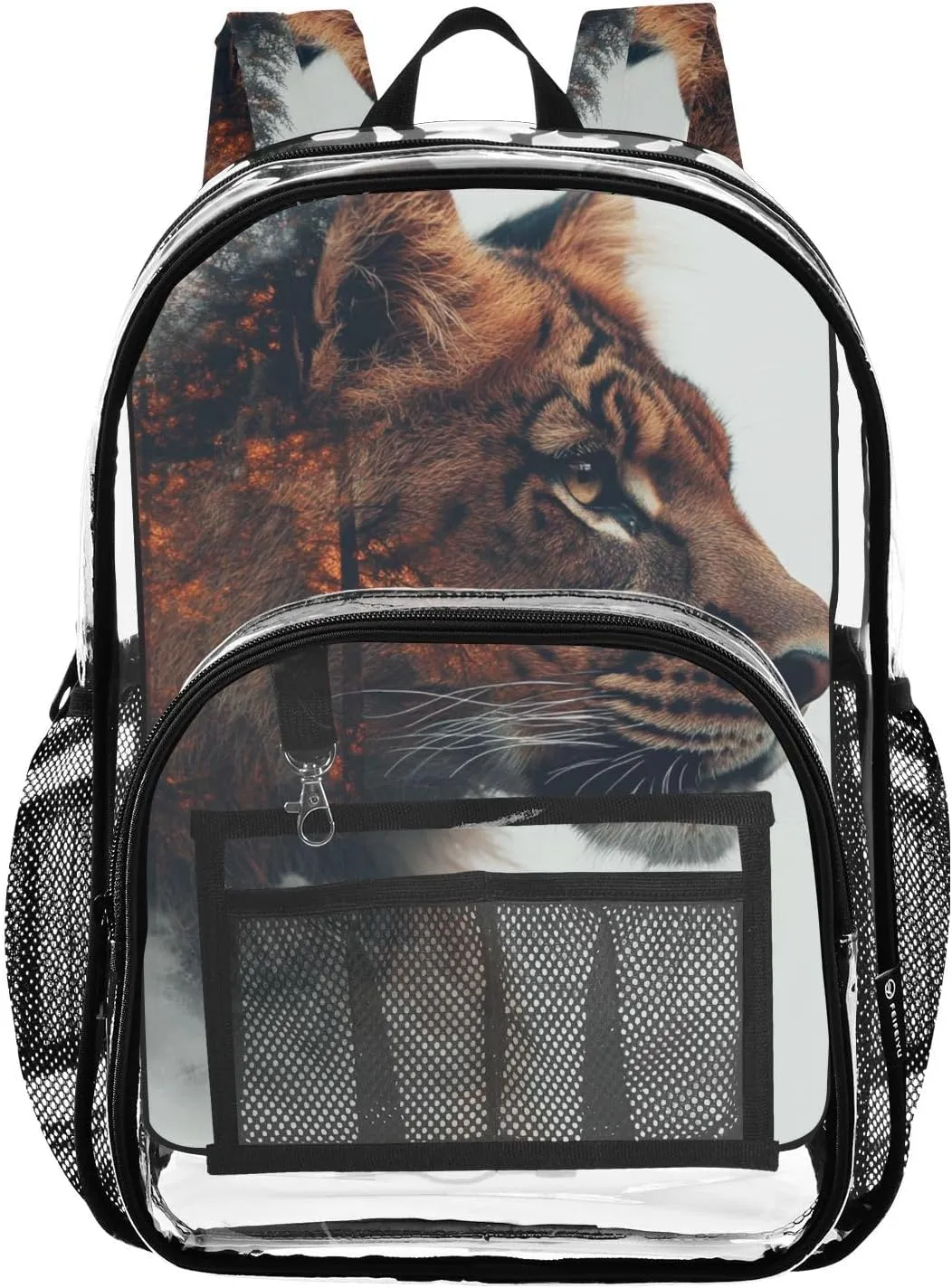 Kids PVC Clear Backpack Lioness Double Exposure Heavy Duty Multi-pockets Large Capacity Transparent See Through Bookbag for School Travel Sport Work