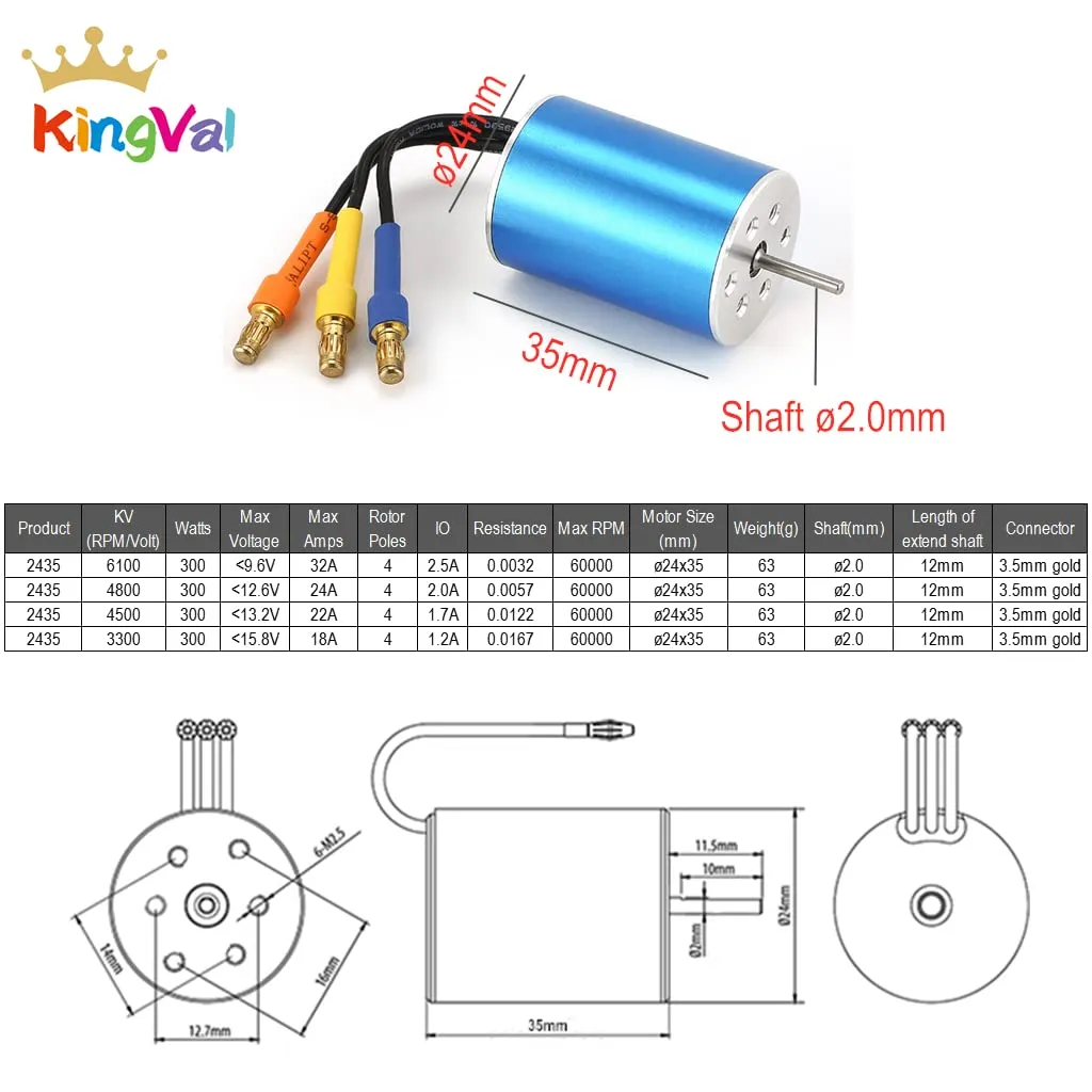KingVal Replacement 2435 4800KV Sensorless Brushless Motor Shaft 2.0mm Compatible with 1/16 1/18 RC Car
