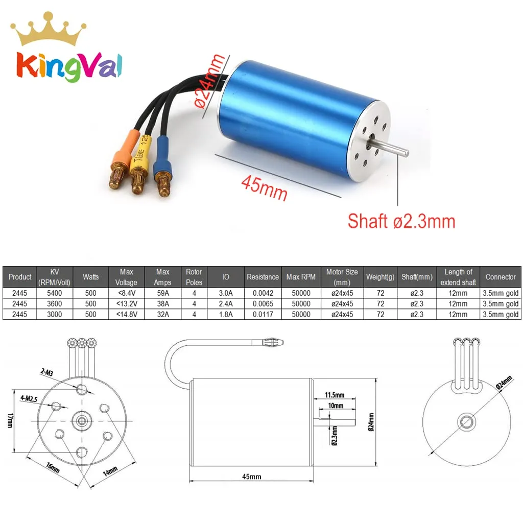 KingVal Replacement 2445 3000KV Sensorless Brushless Motor Shaft Diameter 2.3mm with 35A Brushless ESC Combo Compatible with 1/16 RC Car