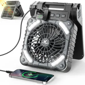 KITWLEMEN Solar Camping Fan with Lantern - Rechargeable Battery Operated Fan, 18H Run Time Max, 4 Speeds, 8H Timer, 90° Adjustable Portable Desk Fan for Hurricane, Power Outage, Outdoor Use
