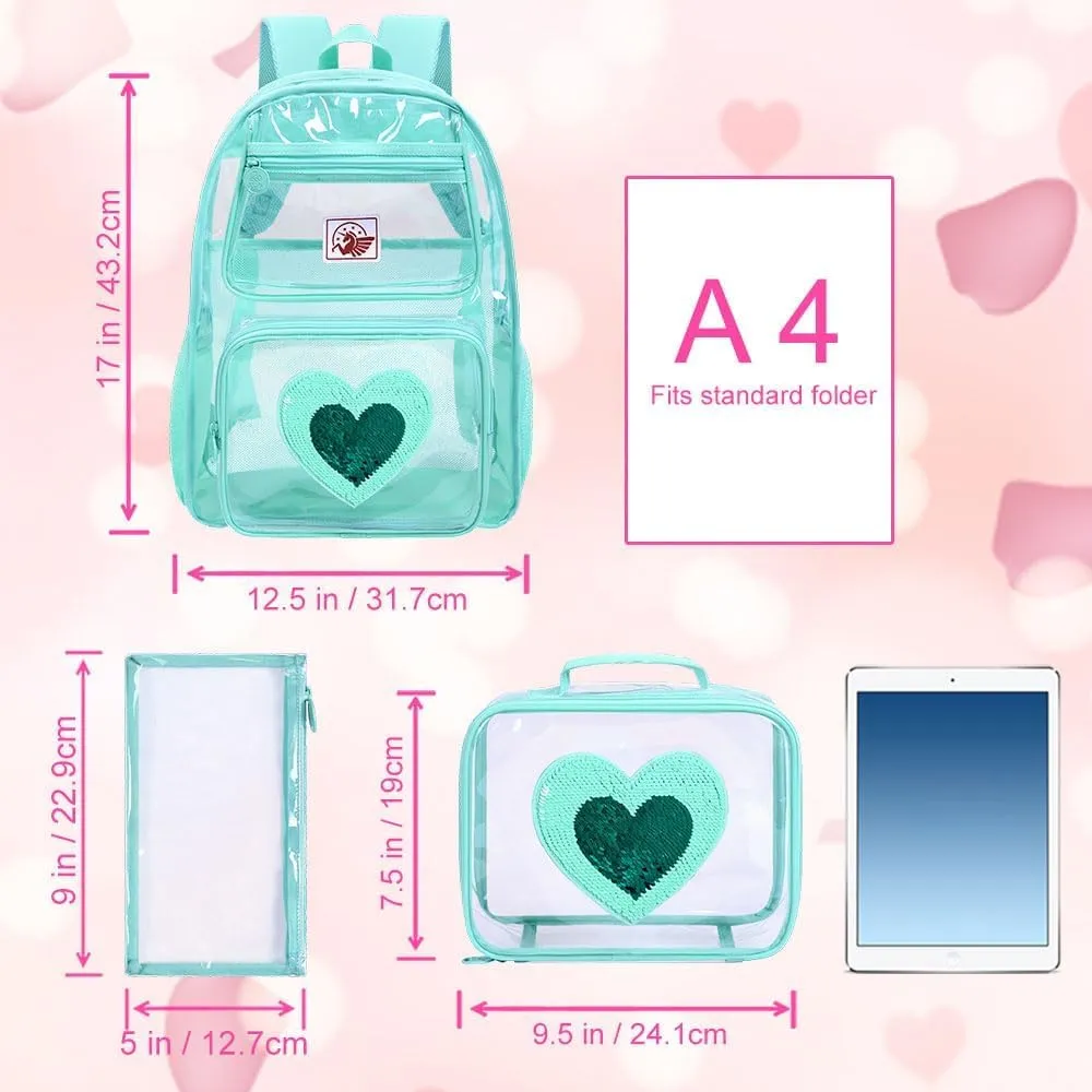 KLFVB Clear Backpack, Heavy Duty Transparent Bookbag, See Through Sequin Backpacks