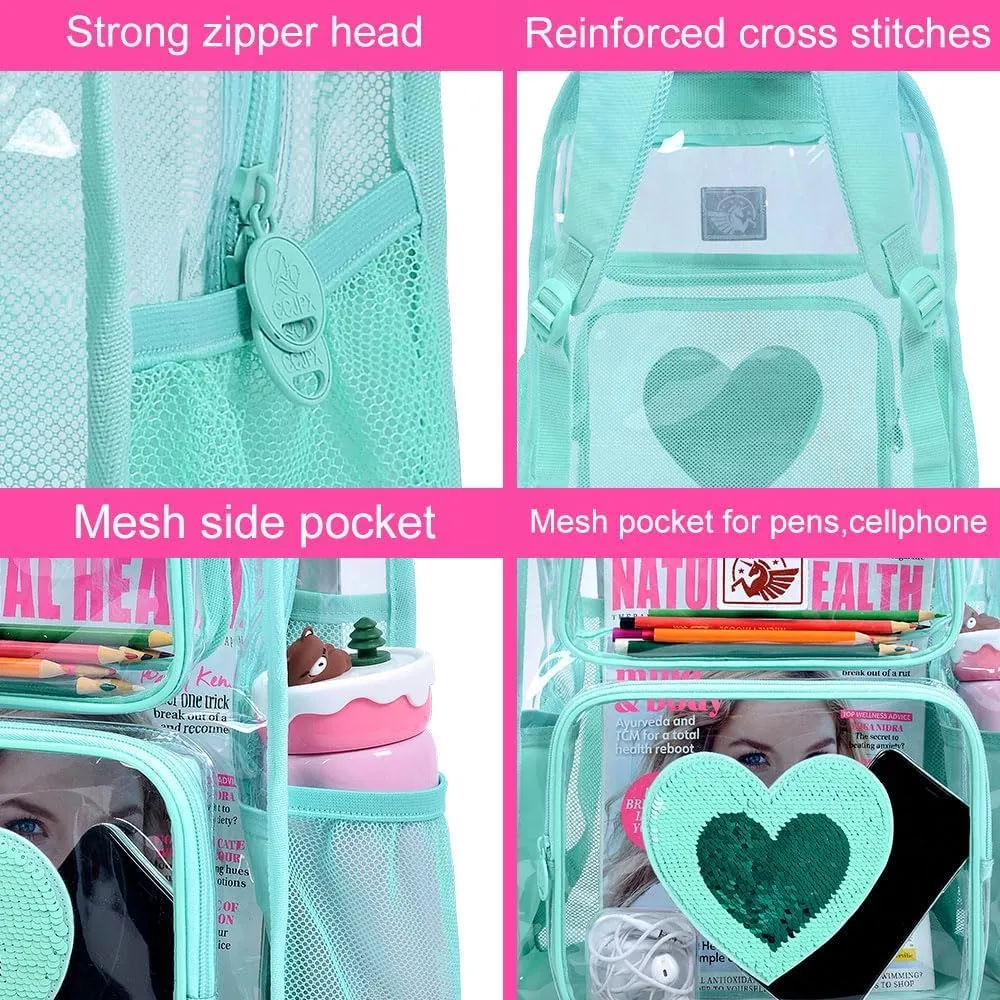 KLFVB Clear Backpack, Heavy Duty Transparent Bookbag, See Through Sequin Backpacks