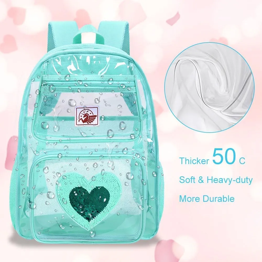 KLFVB Clear Backpack, Heavy Duty Transparent Bookbag, See Through Sequin Backpacks