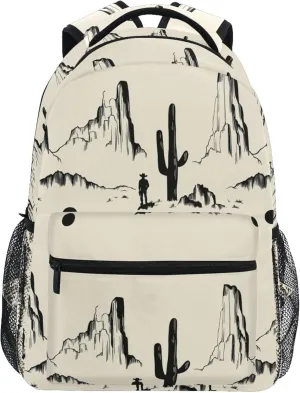 KLL Backpacks for Teacher Nurse Waterproof Backpack with Chest Strap for Business Work College Travel Trip Western Cowboy Boho Cactus Cowboy Mountains