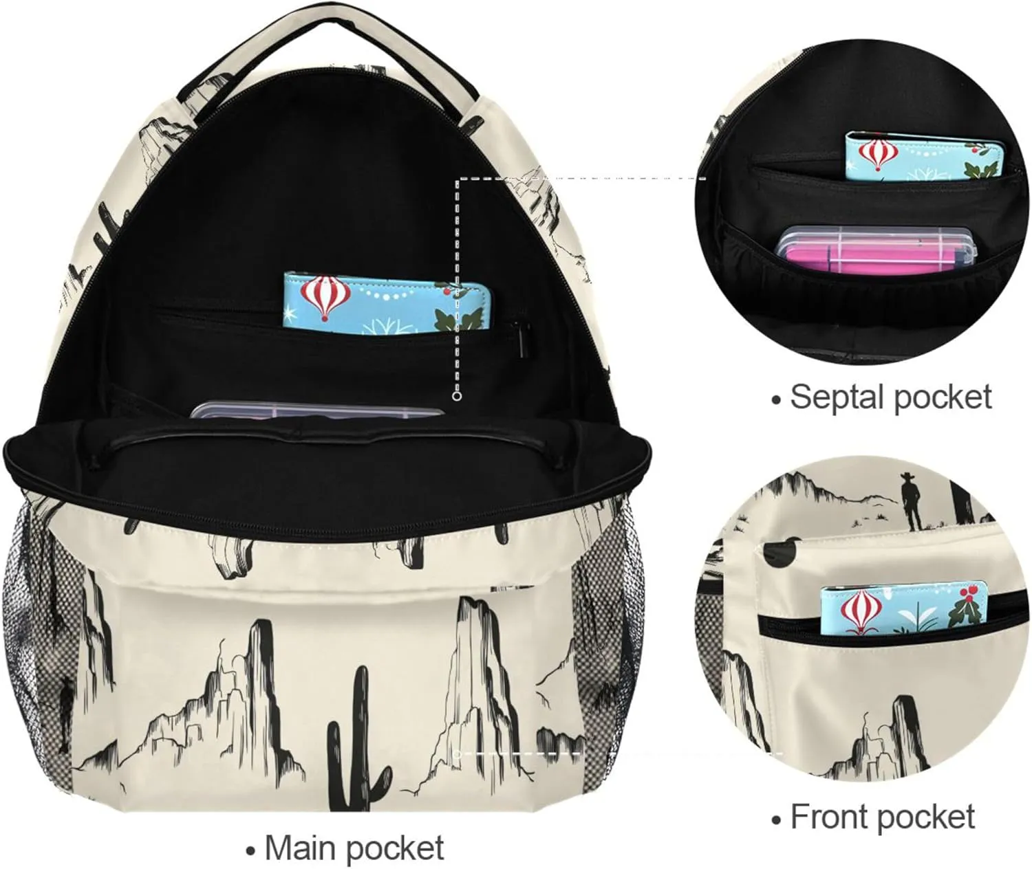 KLL Backpacks for Teacher Nurse Waterproof Backpack with Chest Strap for Business Work College Travel Trip Western Cowboy Boho Cactus Cowboy Mountains