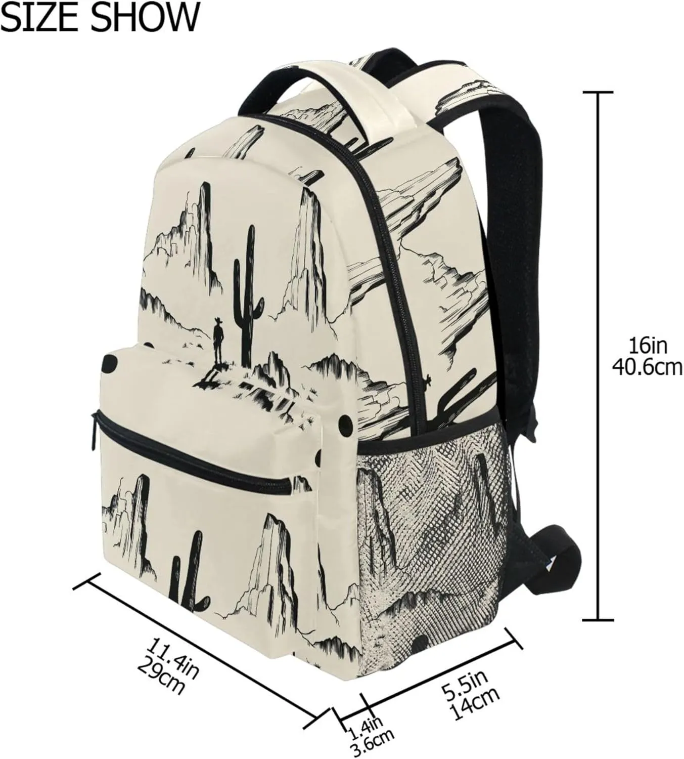 KLL Backpacks for Teacher Nurse Waterproof Backpack with Chest Strap for Business Work College Travel Trip Western Cowboy Boho Cactus Cowboy Mountains