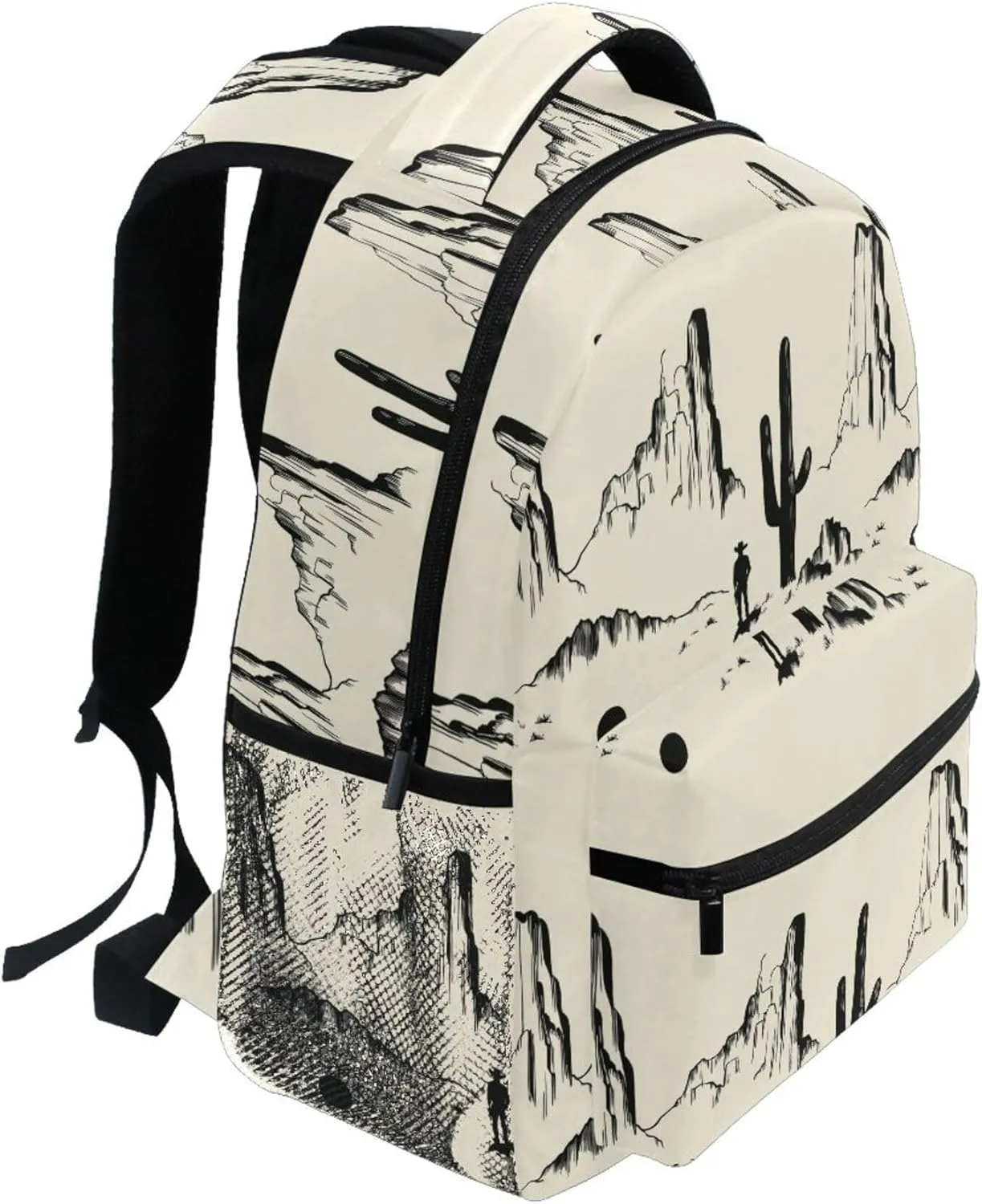 KLL Backpacks for Teacher Nurse Waterproof Backpack with Chest Strap for Business Work College Travel Trip Western Cowboy Boho Cactus Cowboy Mountains