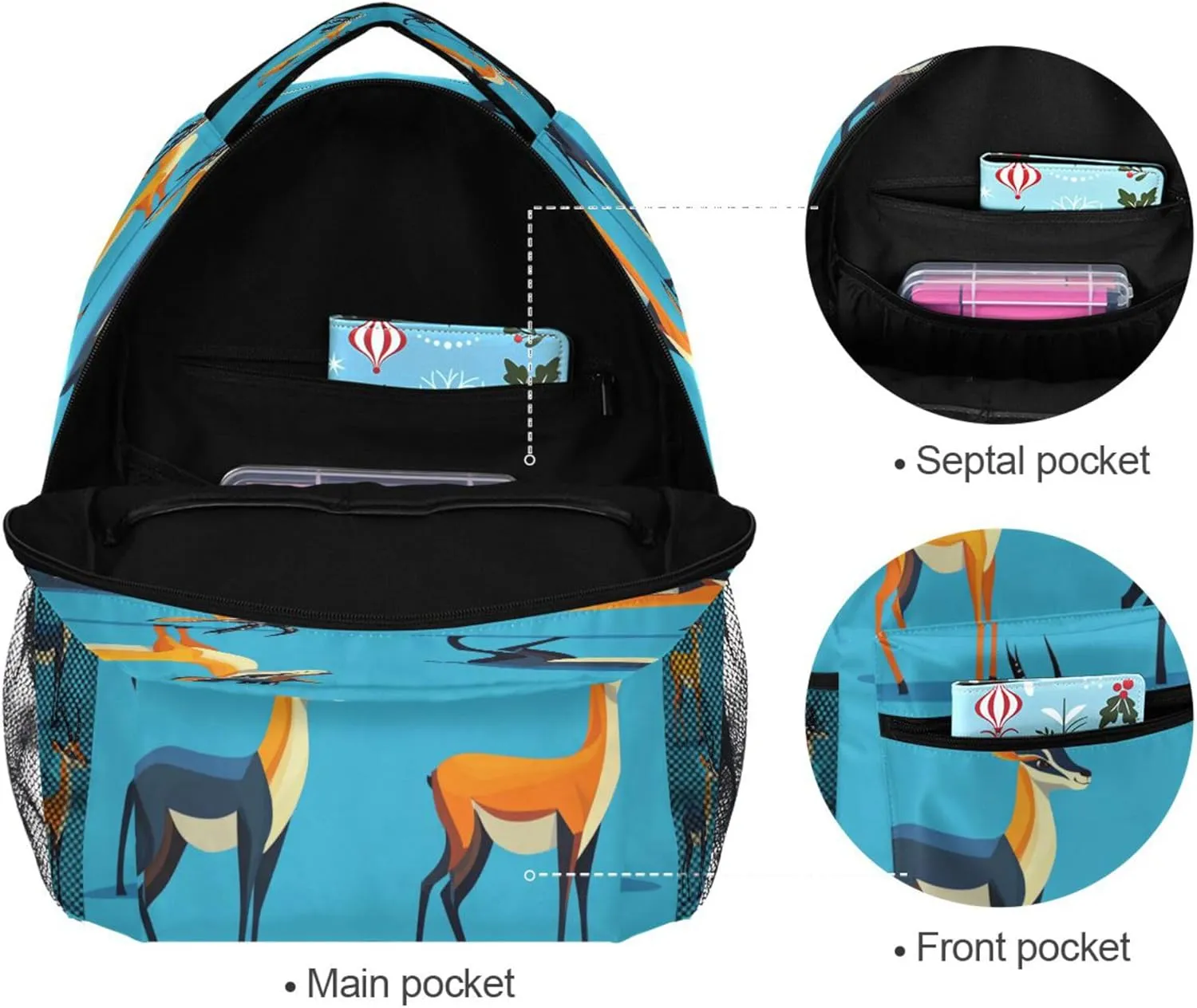 KLL School Backpack for Teacher Nurse Waterproof Vintage Daypacks with Chest Strap Gift Men & Women Cartoon Antelope Blue