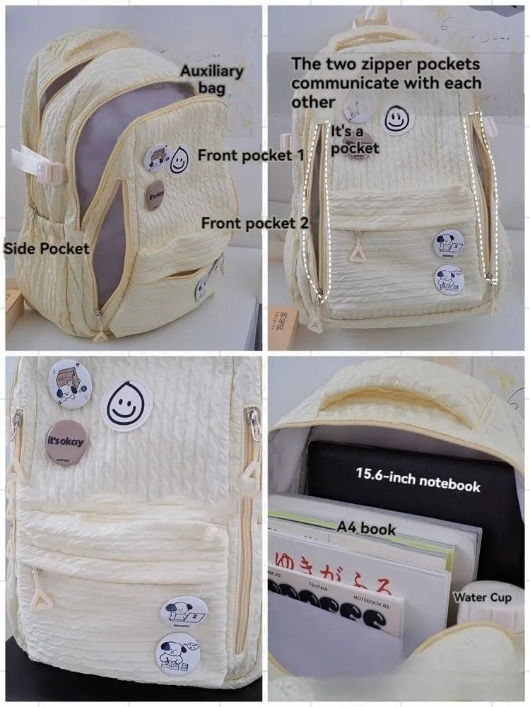 Large Capacity Textured Waterproof Backpack with pins and Accessories small cosmetic bag (Blue)