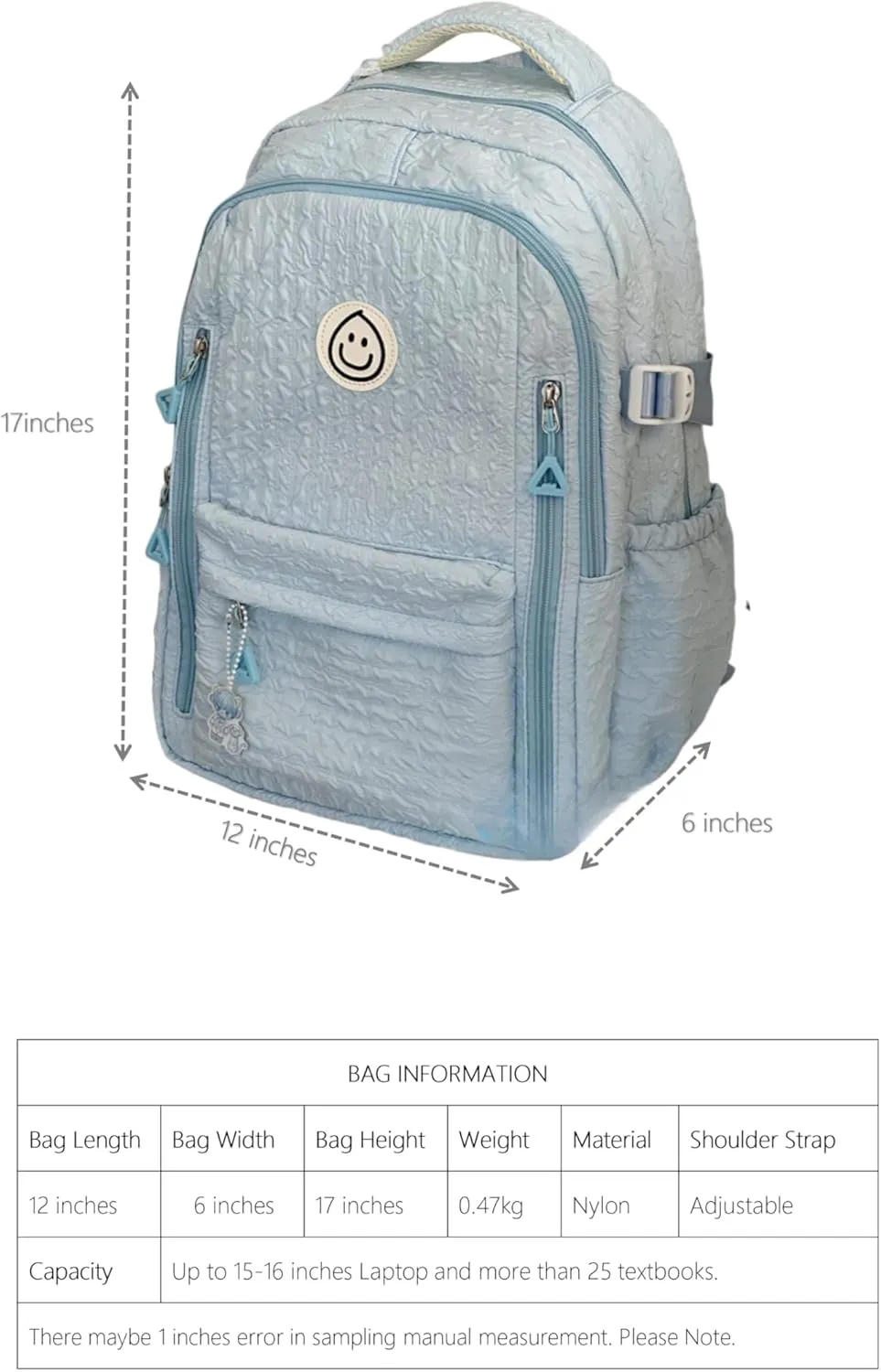 Large Capacity Textured Waterproof Backpack with pins and Accessories small cosmetic bag (Blue)