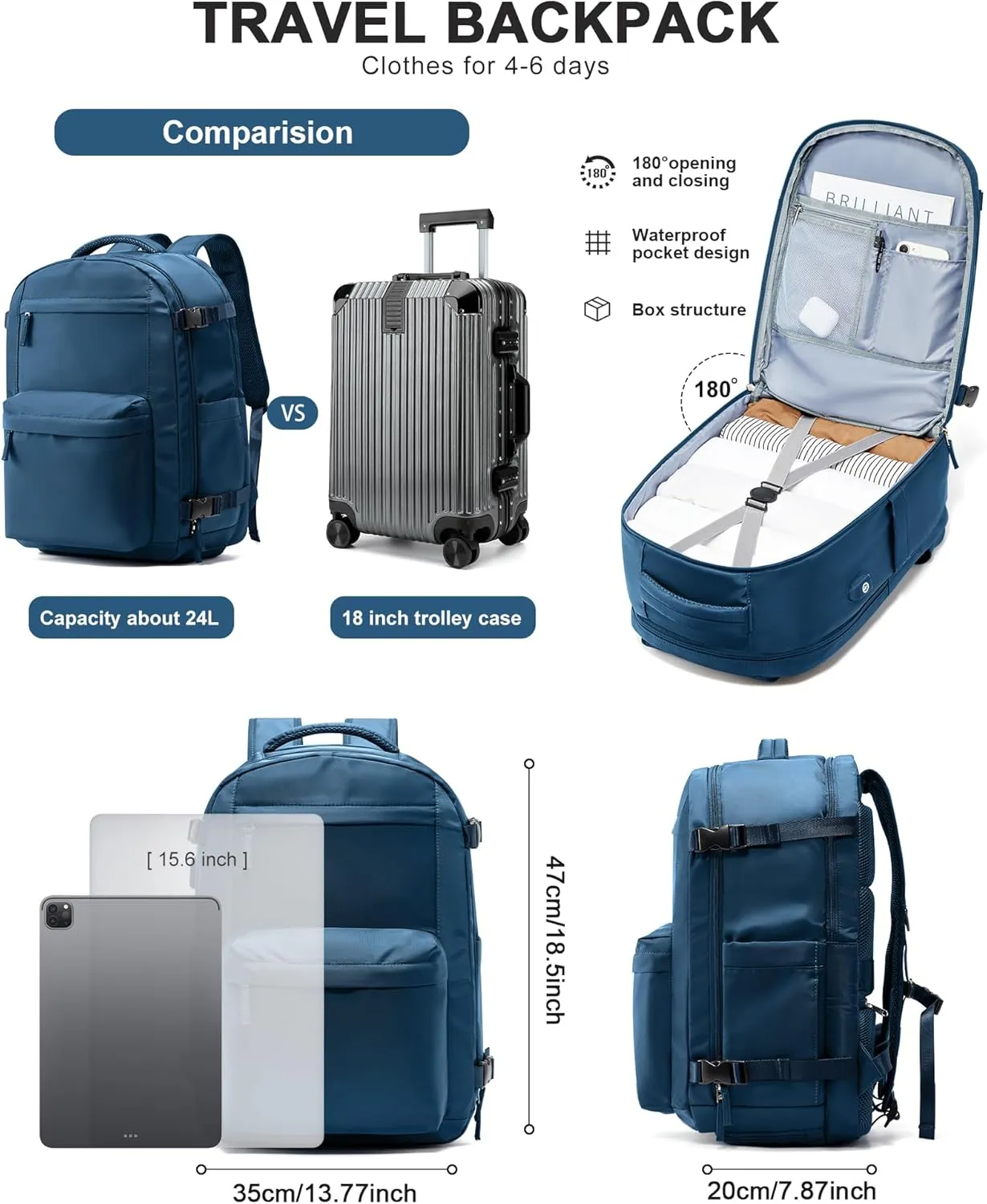 Large Travel Backpack For Women Men,Mochila de Viaje,Carry On Backpack with USB Charging Port & Shoe Pouch,Airline Approved Personal Item Travel Bag,Waterproof Luggage Backpack(Blue)