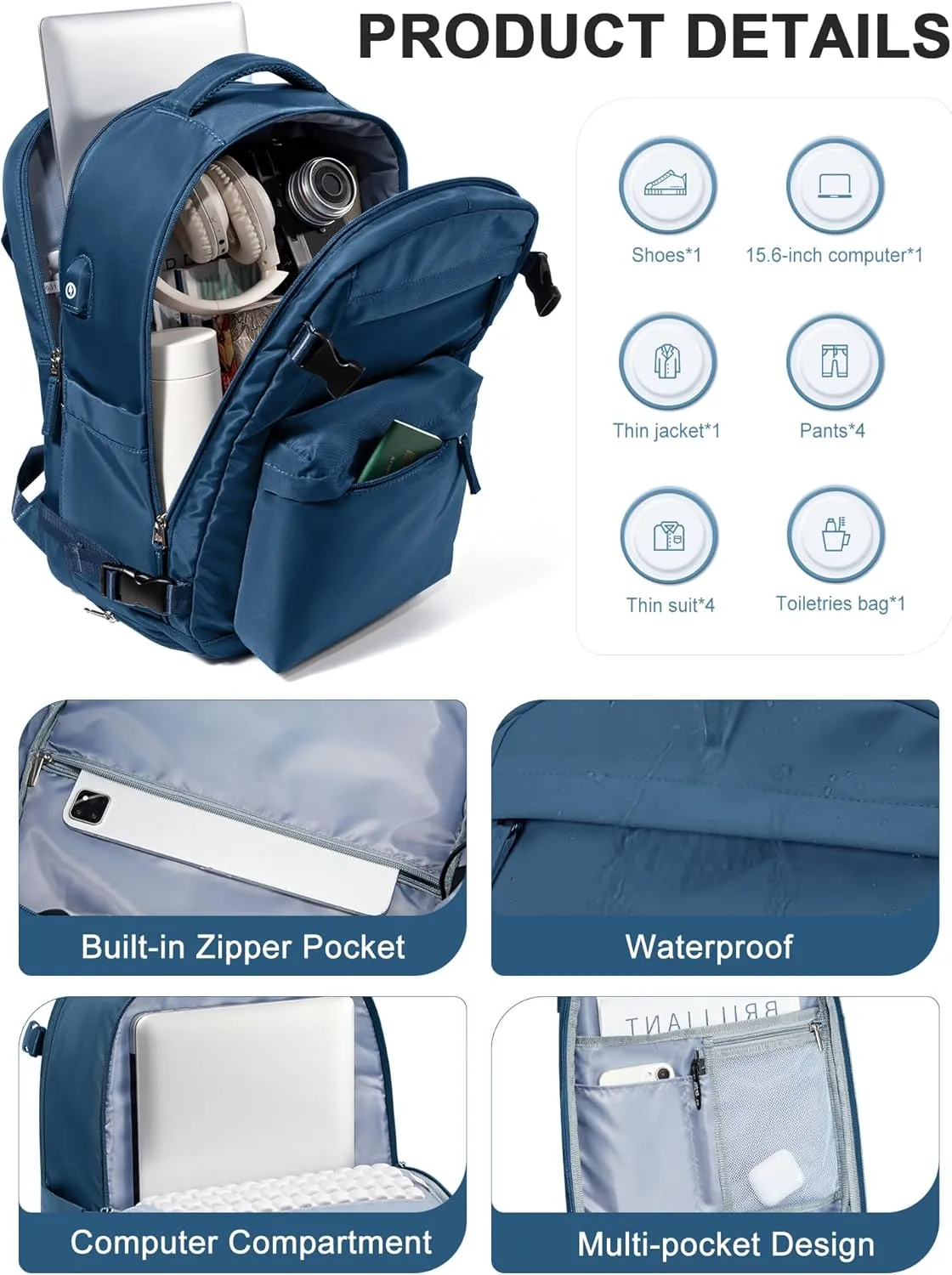 Large Travel Backpack For Women Men,Mochila de Viaje,Carry On Backpack with USB Charging Port & Shoe Pouch,Airline Approved Personal Item Travel Bag,Waterproof Luggage Backpack(Blue)