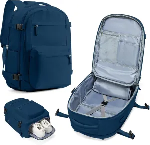 Large Travel Backpack For Women Men,Mochila de Viaje,Carry On Backpack with USB Charging Port & Shoe Pouch,Airline Approved Personal Item Travel Bag,Waterproof Luggage Backpack(Blue)