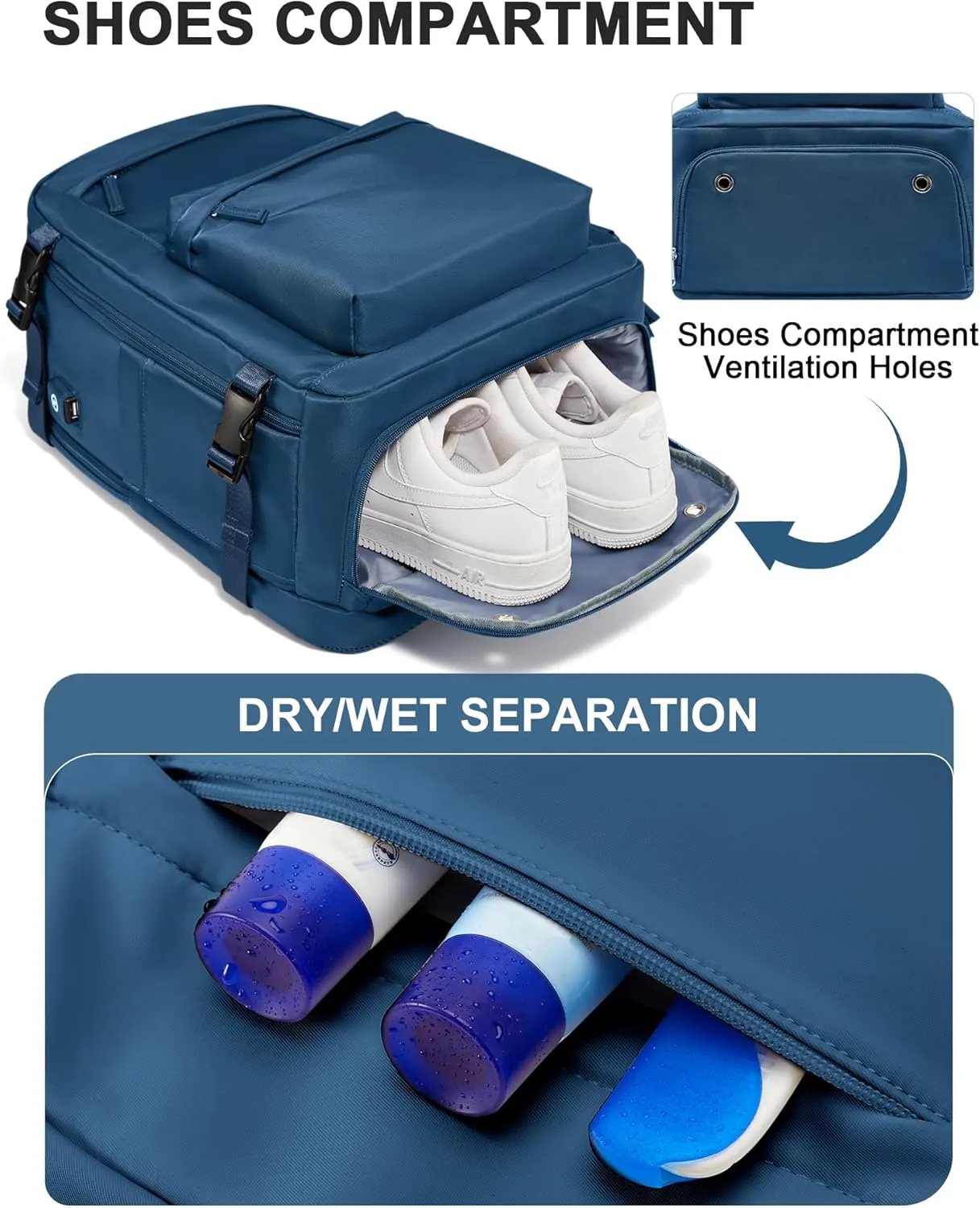 Large Travel Backpack For Women Men,Mochila de Viaje,Carry On Backpack with USB Charging Port & Shoe Pouch,Airline Approved Personal Item Travel Bag,Waterproof Luggage Backpack(Blue)
