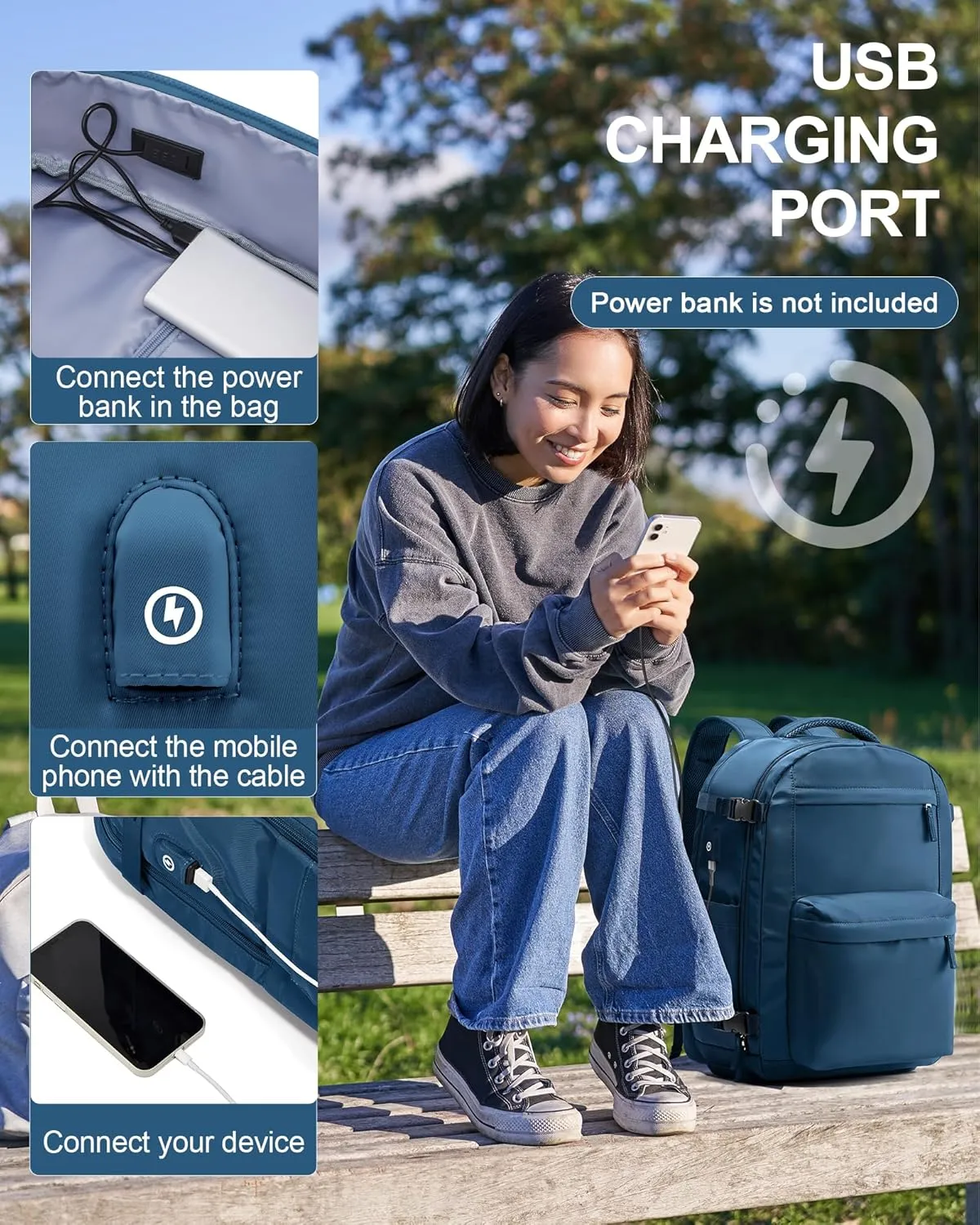 Large Travel Backpack For Women Men,Mochila de Viaje,Carry On Backpack with USB Charging Port & Shoe Pouch,Airline Approved Personal Item Travel Bag,Waterproof Luggage Backpack(Blue)