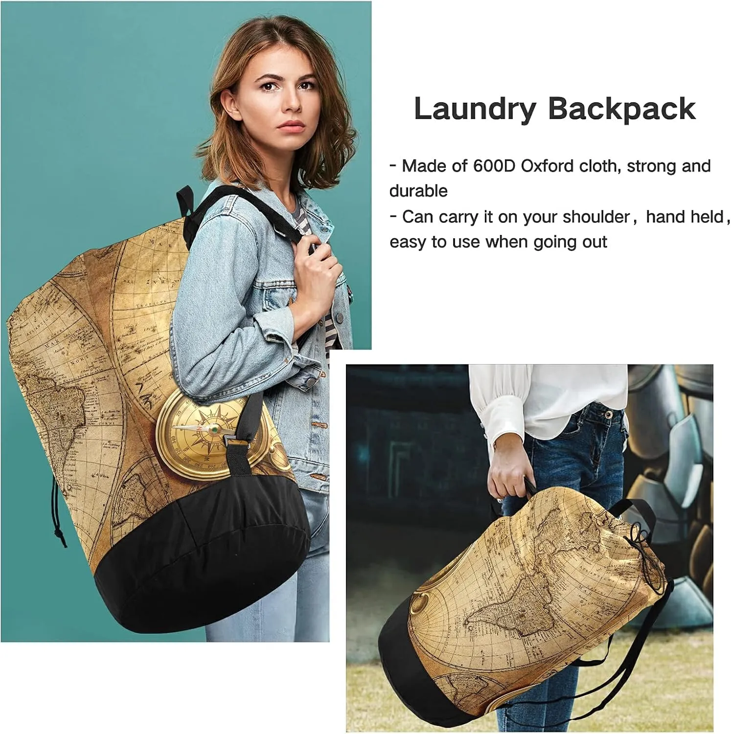 Laundry Backpack Bag Hamper Basket Extra Large Heavy Duty for Dirty Clothes Adjusted Straps for Camp College Dorm Gym Hotel Home 29.3x14.5Inch Map Brown