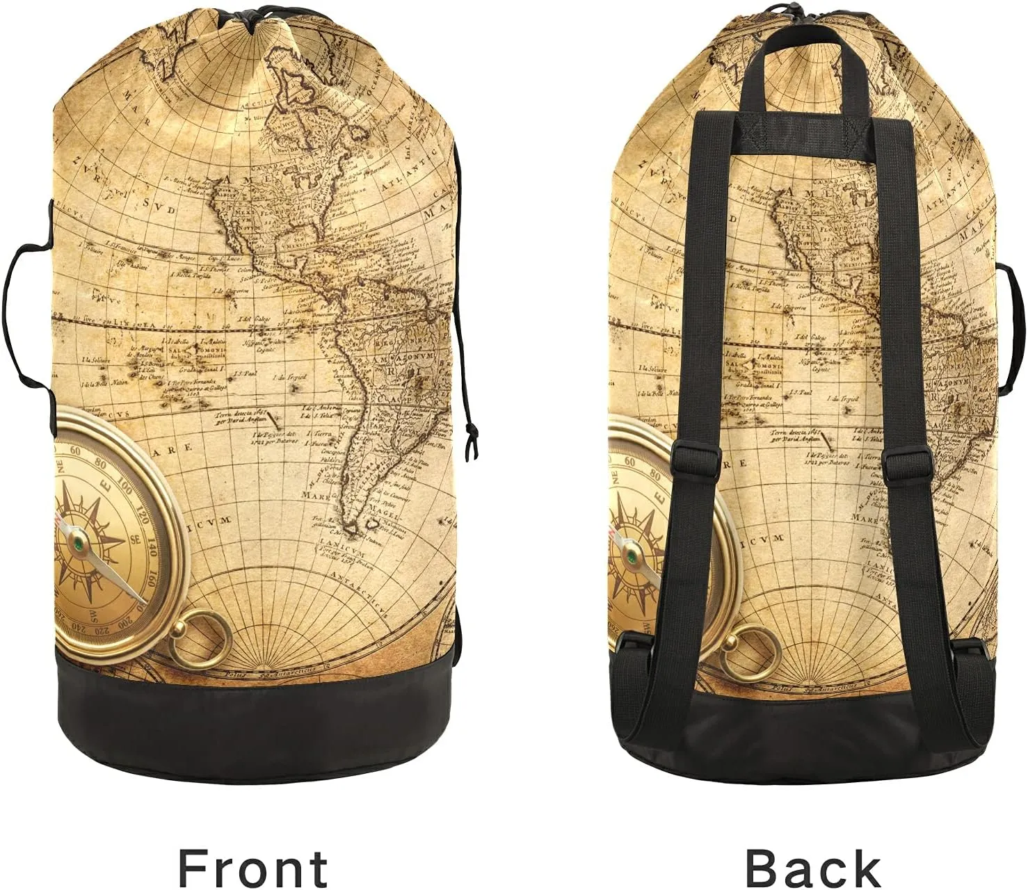 Laundry Backpack Bag Hamper Basket Extra Large Heavy Duty for Dirty Clothes Adjusted Straps for Camp College Dorm Gym Hotel Home 29.3x14.5Inch Map Brown