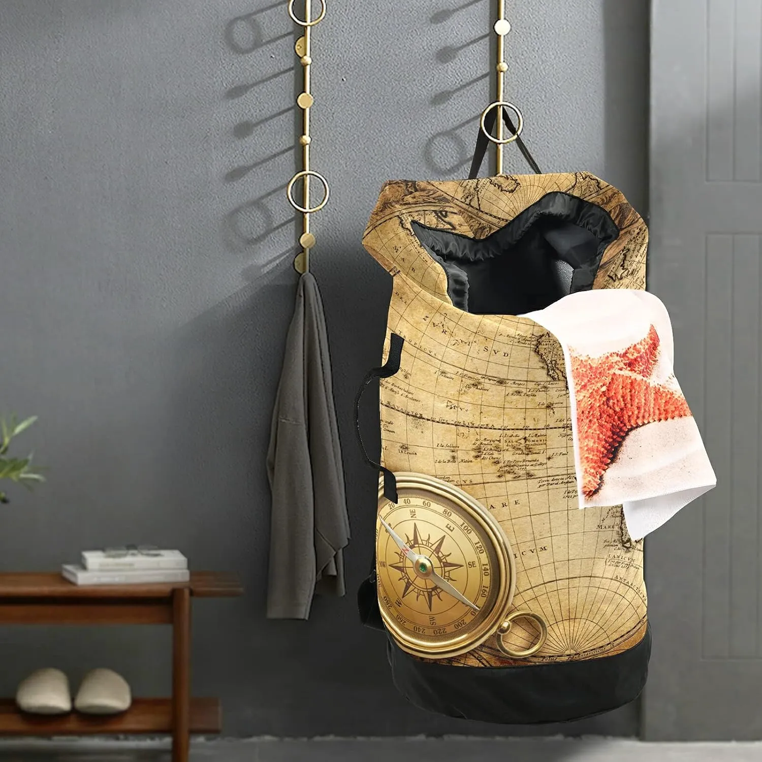 Laundry Backpack Bag Hamper Basket Extra Large Heavy Duty for Dirty Clothes Adjusted Straps for Camp College Dorm Gym Hotel Home 29.3x14.5Inch Map Brown