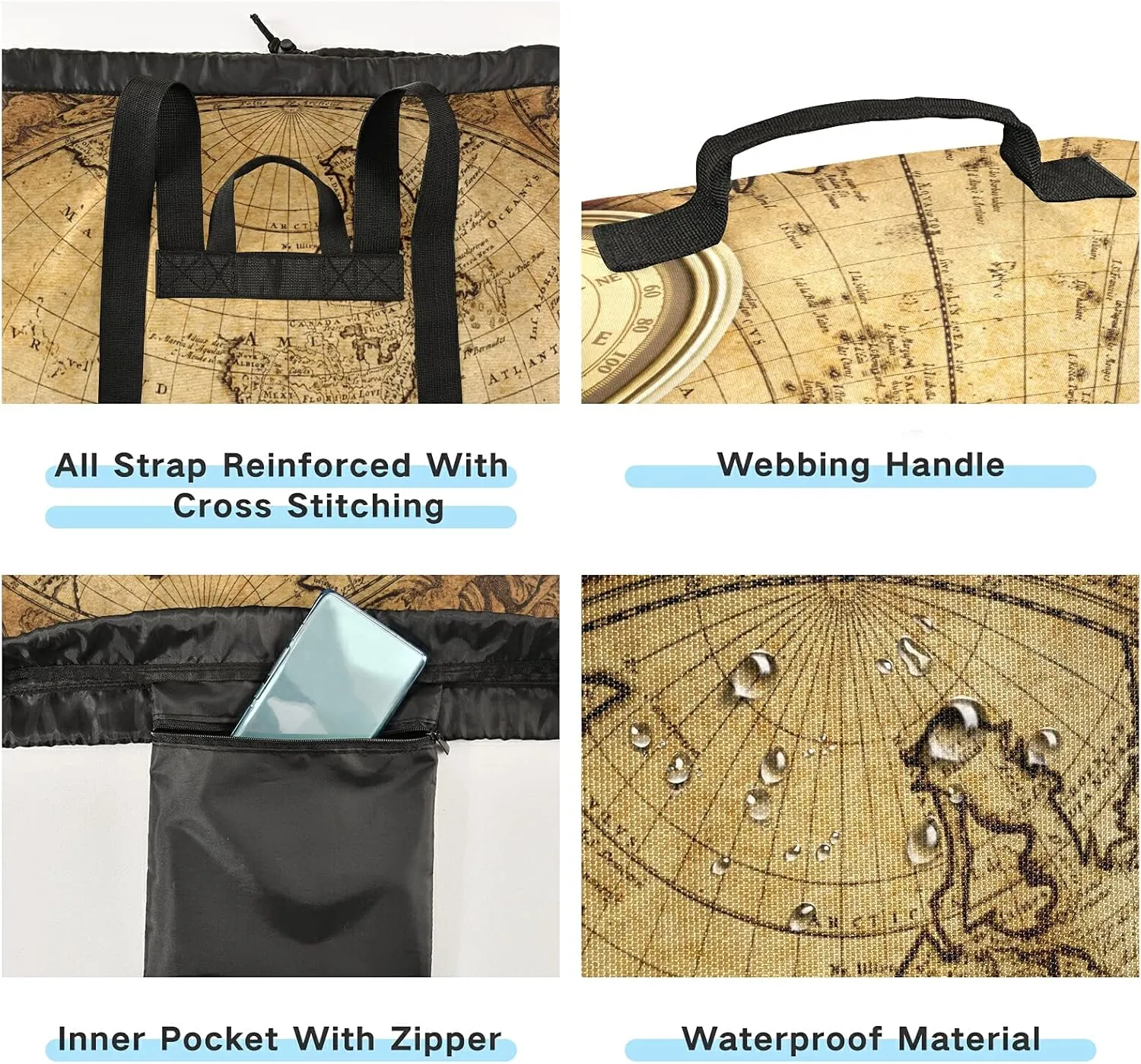 Laundry Backpack Bag Hamper Basket Extra Large Heavy Duty for Dirty Clothes Adjusted Straps for Camp College Dorm Gym Hotel Home 29.3x14.5Inch Map Brown