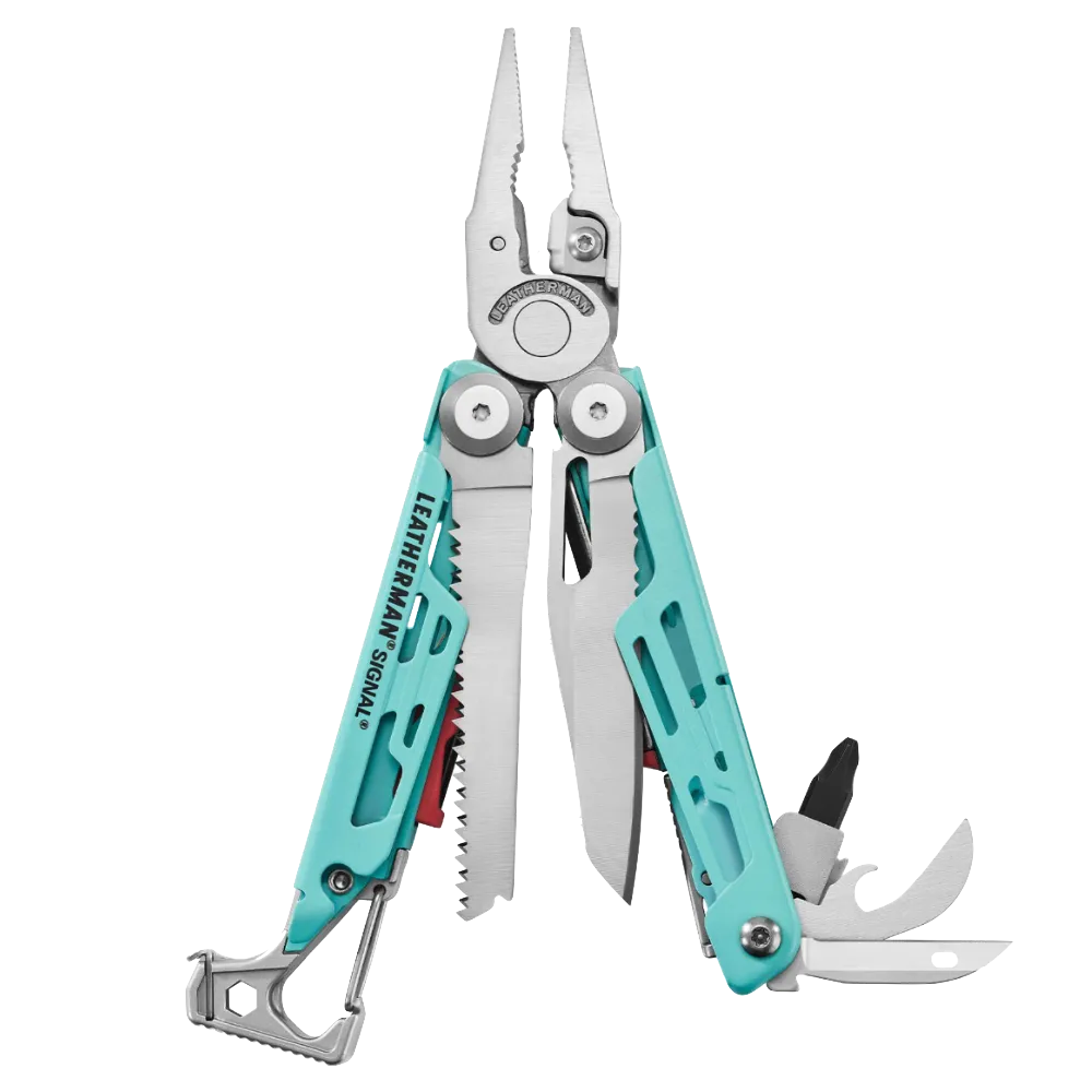 Leatherman 19 Tool Signal Camping Multi-Tool with Firestarter & Nylon Sheath Aqua & Silver