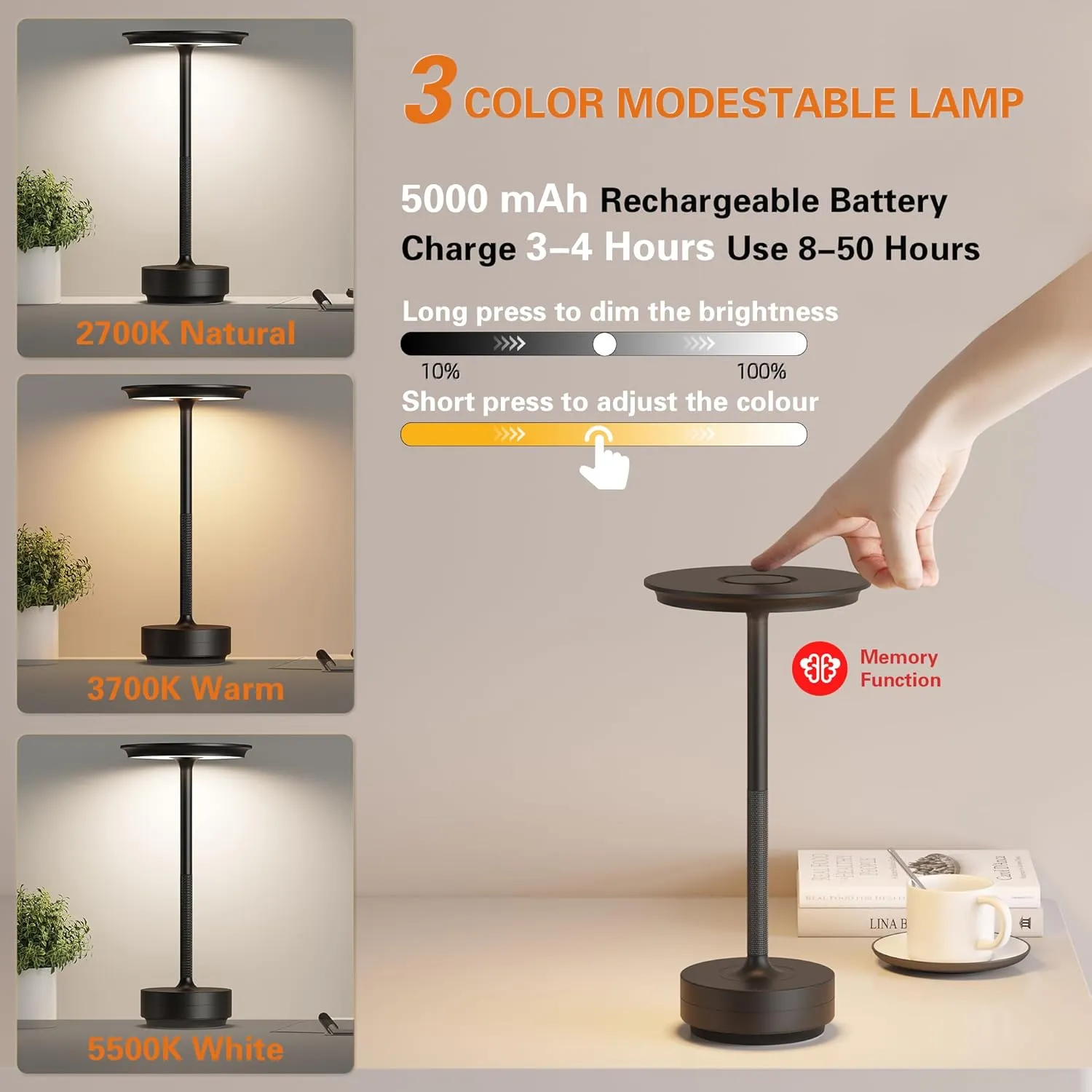 LED Cordless Table Lamp,Rechargeable Battery Operated 3 Levels Brightness with Memory Function IP54 Waterproof Portable Lights for Outdoor Patio,Travel,Cafe,Restaurant,(2P Black)
