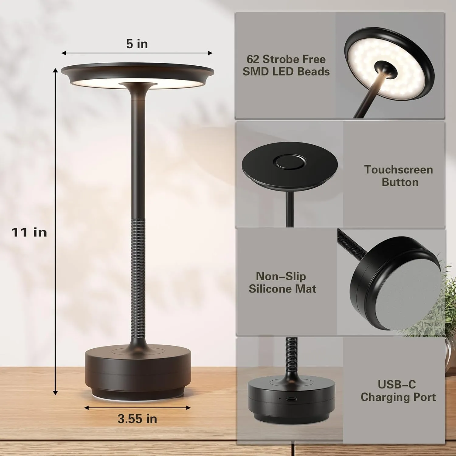 LED Cordless Table Lamp,Rechargeable Battery Operated 3 Levels Brightness with Memory Function IP54 Waterproof Portable Lights for Outdoor Patio,Travel,Cafe,Restaurant,(2P Black)