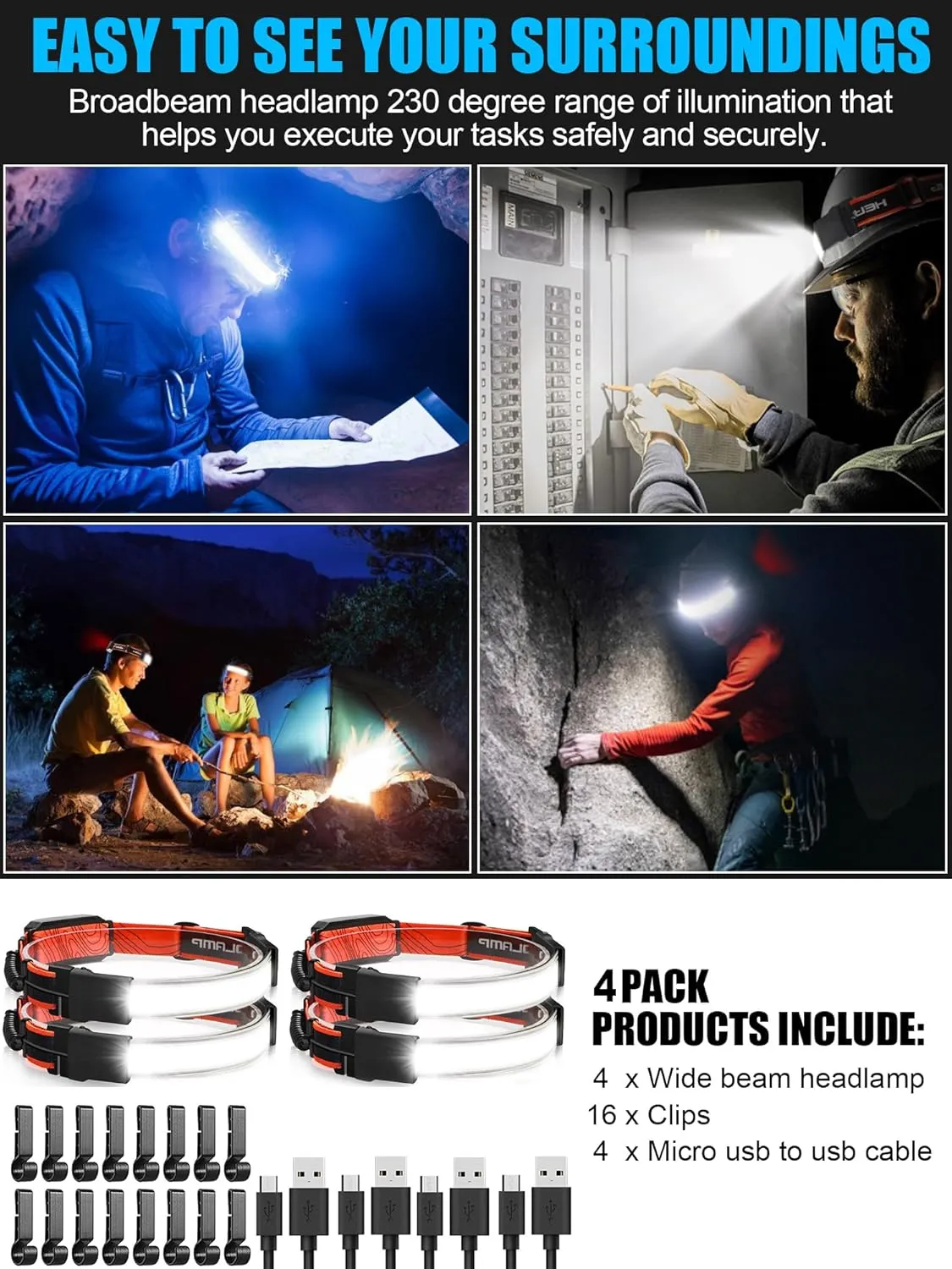 LED Headlamp Flashlight 4Packs, 1000lumens 230° Broadbeam Headlight, USB Rechargeable Head Lamp with Red Taillight, Lightweight Waterproof Headlamps for Camping Running Hiking, Hard Hat Headlamp