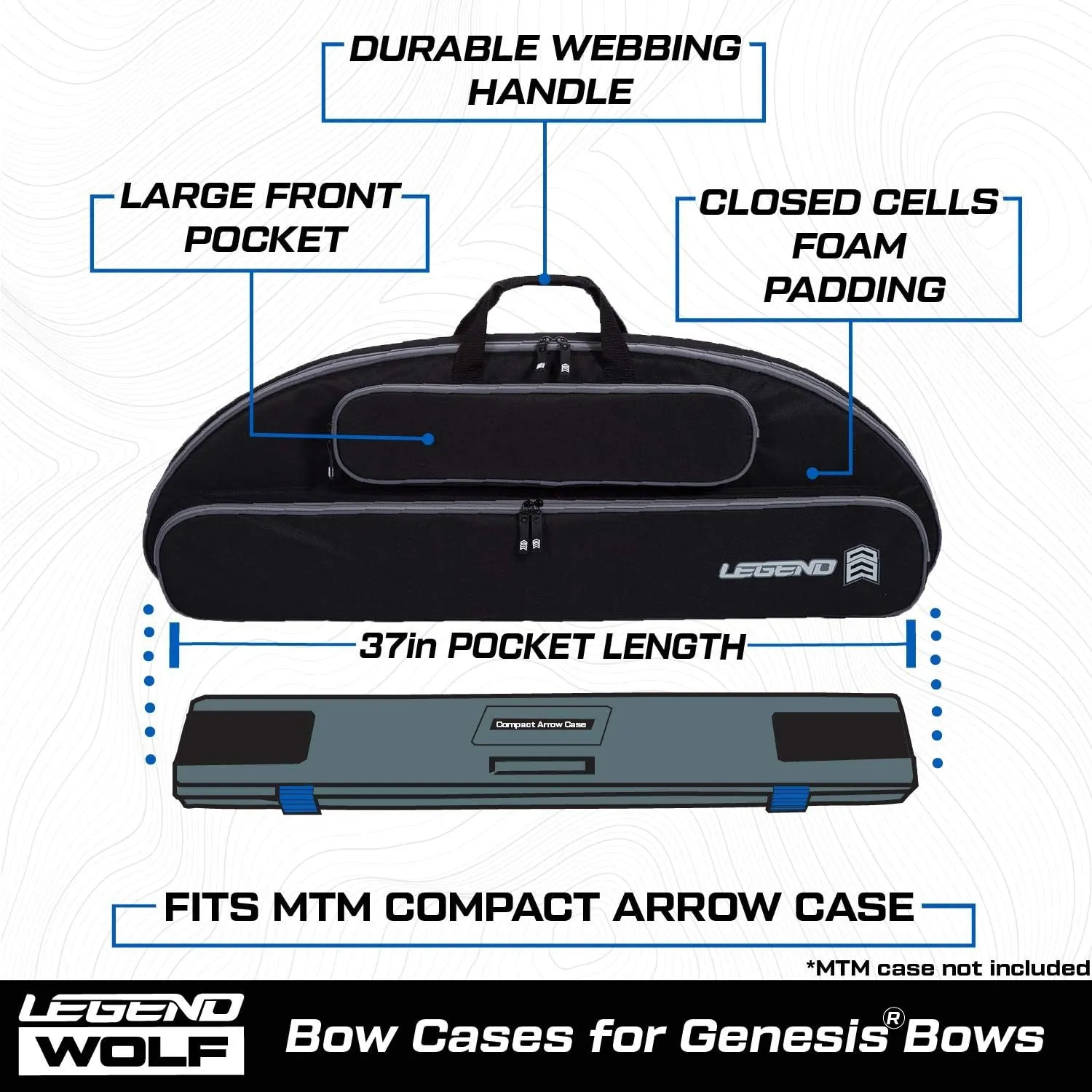 LEGEND Wolf Genesis Compound Bow Case - NASP Archery Travel Bag for Genesis Bows with Thick Foam Padding, Backpack Straps, External Pockets & Nylon Lining - Ultimate Gear Protection - 37 inch Interior