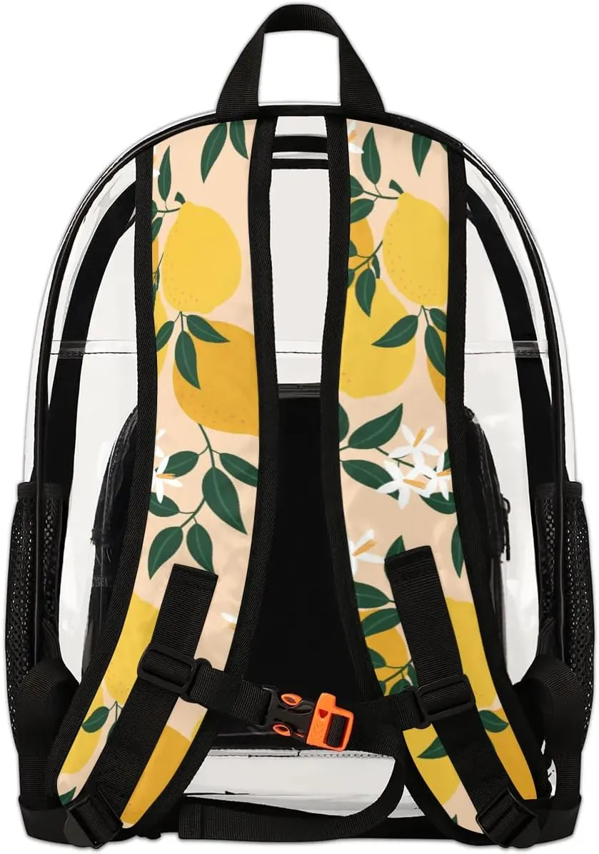 Lemon Print Clear Backpack Stadium Approved Heavy Duty Transparent Backpack for Women Men Large PVC See Through Bag for Sports Event Concert Festival Work Travel