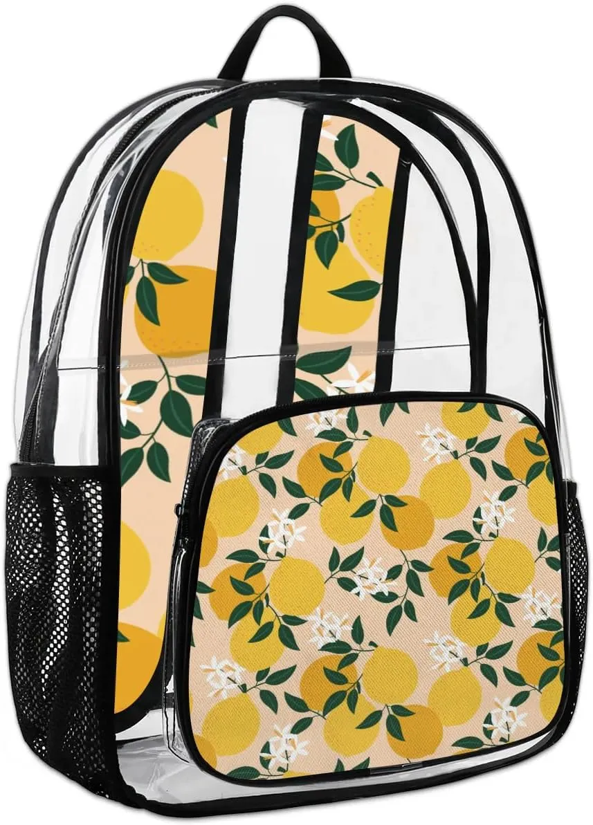 Lemon Print Clear Backpack Stadium Approved Heavy Duty Transparent Backpack for Women Men Large PVC See Through Bag for Sports Event Concert Festival Work Travel