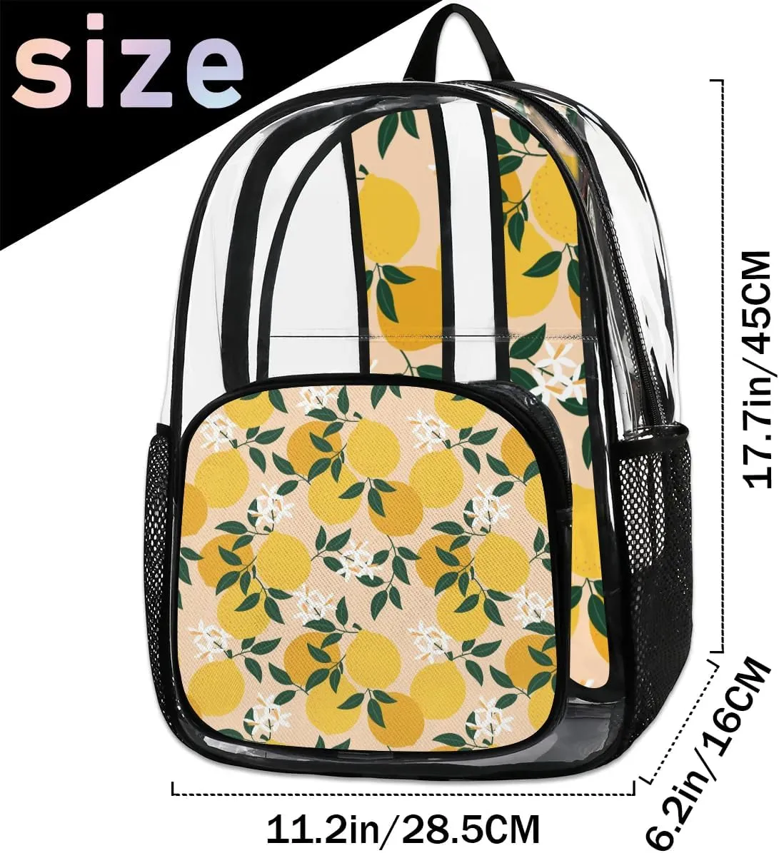 Lemon Print Clear Backpack Stadium Approved Heavy Duty Transparent Backpack for Women Men Large PVC See Through Bag for Sports Event Concert Festival Work Travel