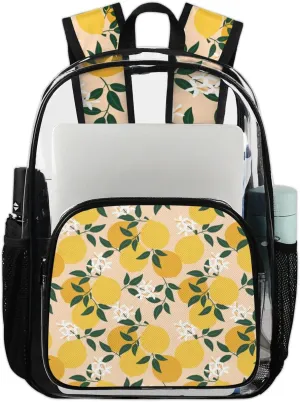 Lemon Print Clear Backpack Stadium Approved Heavy Duty Transparent Backpack for Women Men Large PVC See Through Bag for Sports Event Concert Festival Work Travel