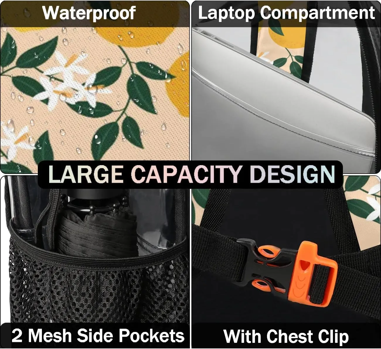 Lemon Print Clear Backpack Stadium Approved Heavy Duty Transparent Backpack for Women Men Large PVC See Through Bag for Sports Event Concert Festival Work Travel
