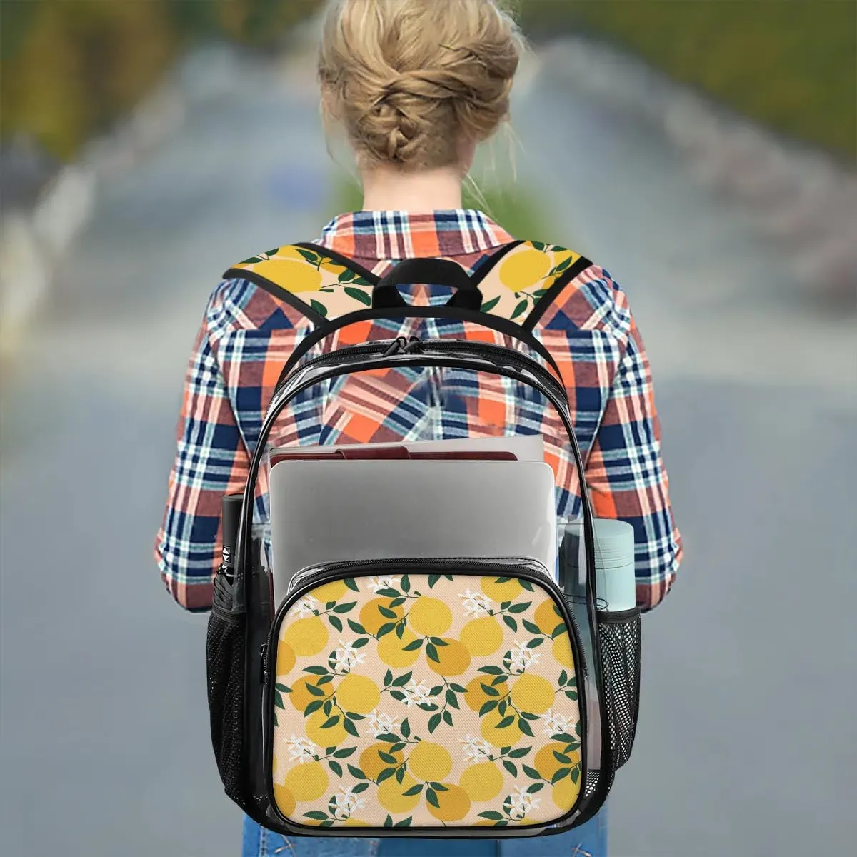 Lemon Print Clear Backpack Stadium Approved Heavy Duty Transparent Backpack for Women Men Large PVC See Through Bag for Sports Event Concert Festival Work Travel