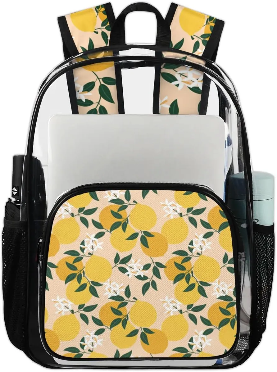 Lemon Print Clear Backpack Stadium Approved Heavy Duty Transparent Backpack for Women Men Large PVC See Through Bag for Sports Event Concert Festival Work Travel