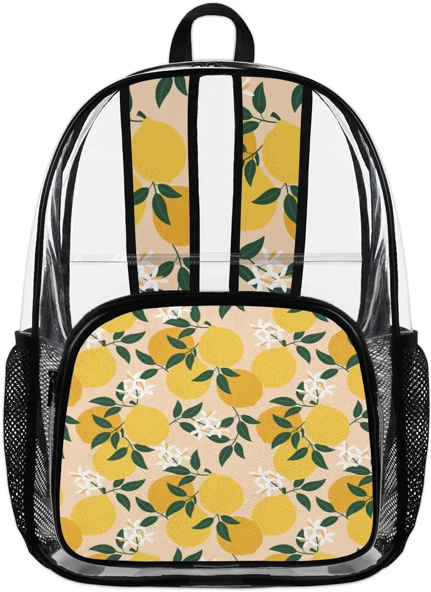 Lemon Print Clear Backpack Stadium Approved Heavy Duty Transparent Backpack for Women Men Large PVC See Through Bag for Sports Event Concert Festival Work Travel
