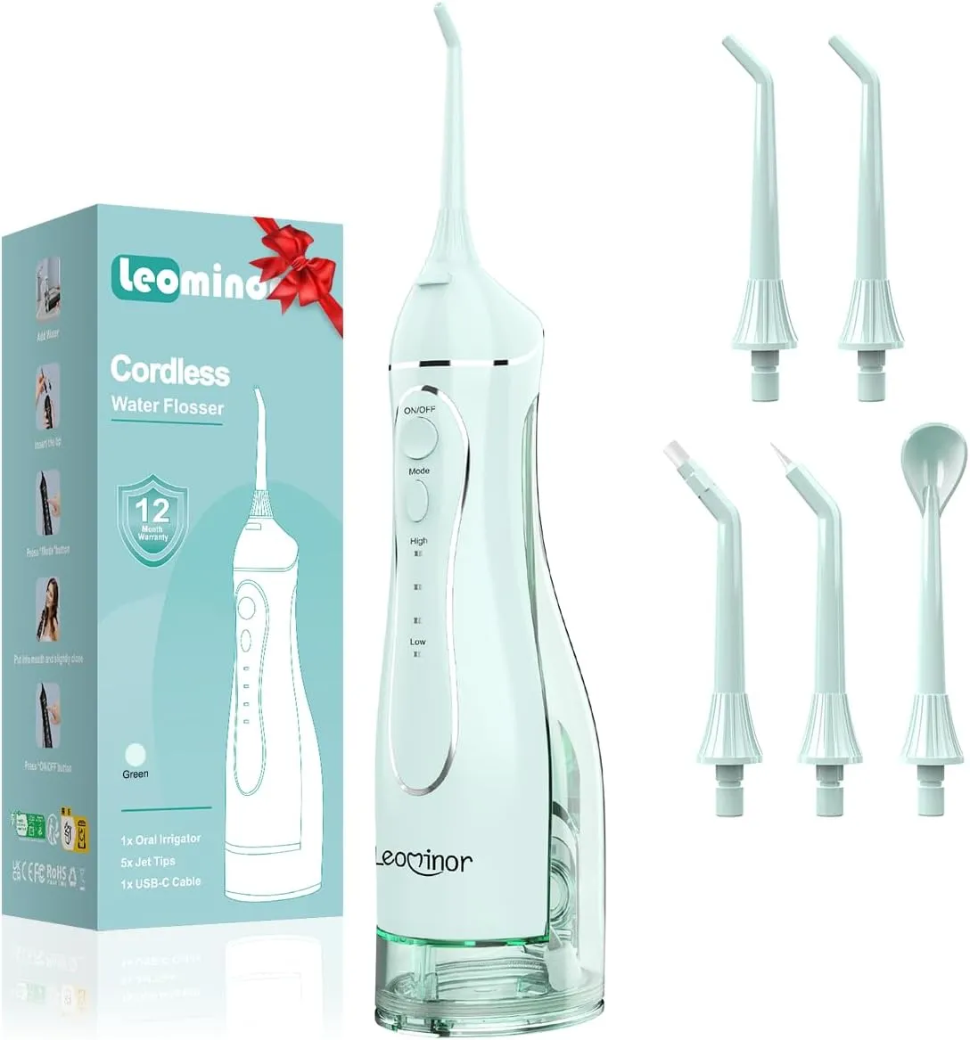 Leominor Water Dental Flosser Pick for Teeth, 300ML Portable Oral Irrigator Upgraded Tank Removable,IPX7 Waterproof, Rechargeable Travel Teeth Cleaner, Professional Electric Flossing Machine (Green)
