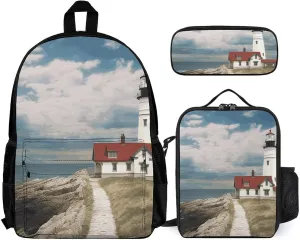 Lighthouse Backdrop Backpack with Lunch Box Pencil Case 3 Piece Set Travel Bag Casual Daypack Laptop Backpack