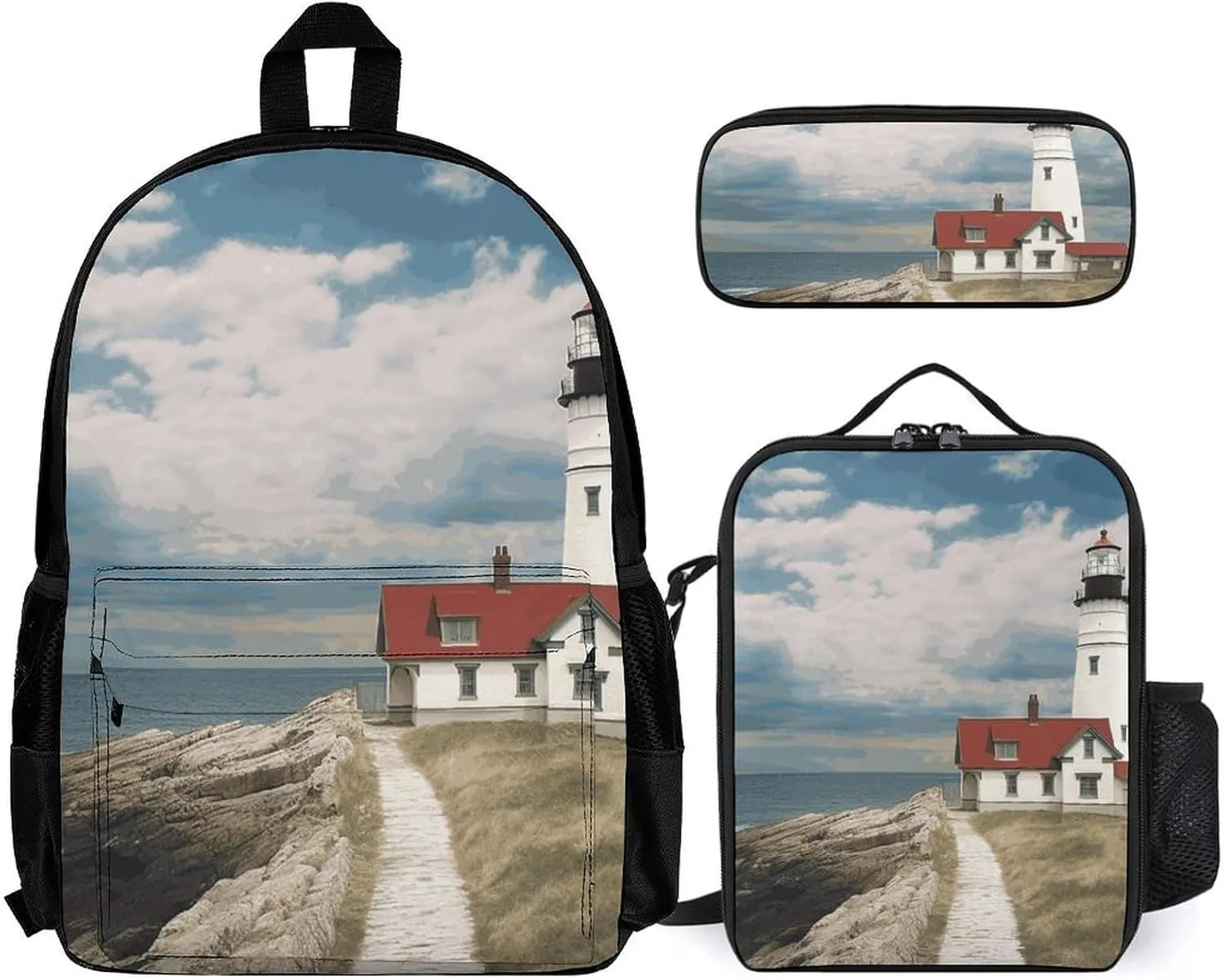 Lighthouse Backdrop Backpack with Lunch Box Pencil Case 3 Piece Set Travel Bag Casual Daypack Laptop Backpack