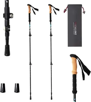 Lightweight Carbon Fibre Trekking Poles (Set of 2) - Adjustable Length 105-135 cm, Cork Grip, Blue, with Storage Bag and Pole Cap - Designed for Hiking and Trekking