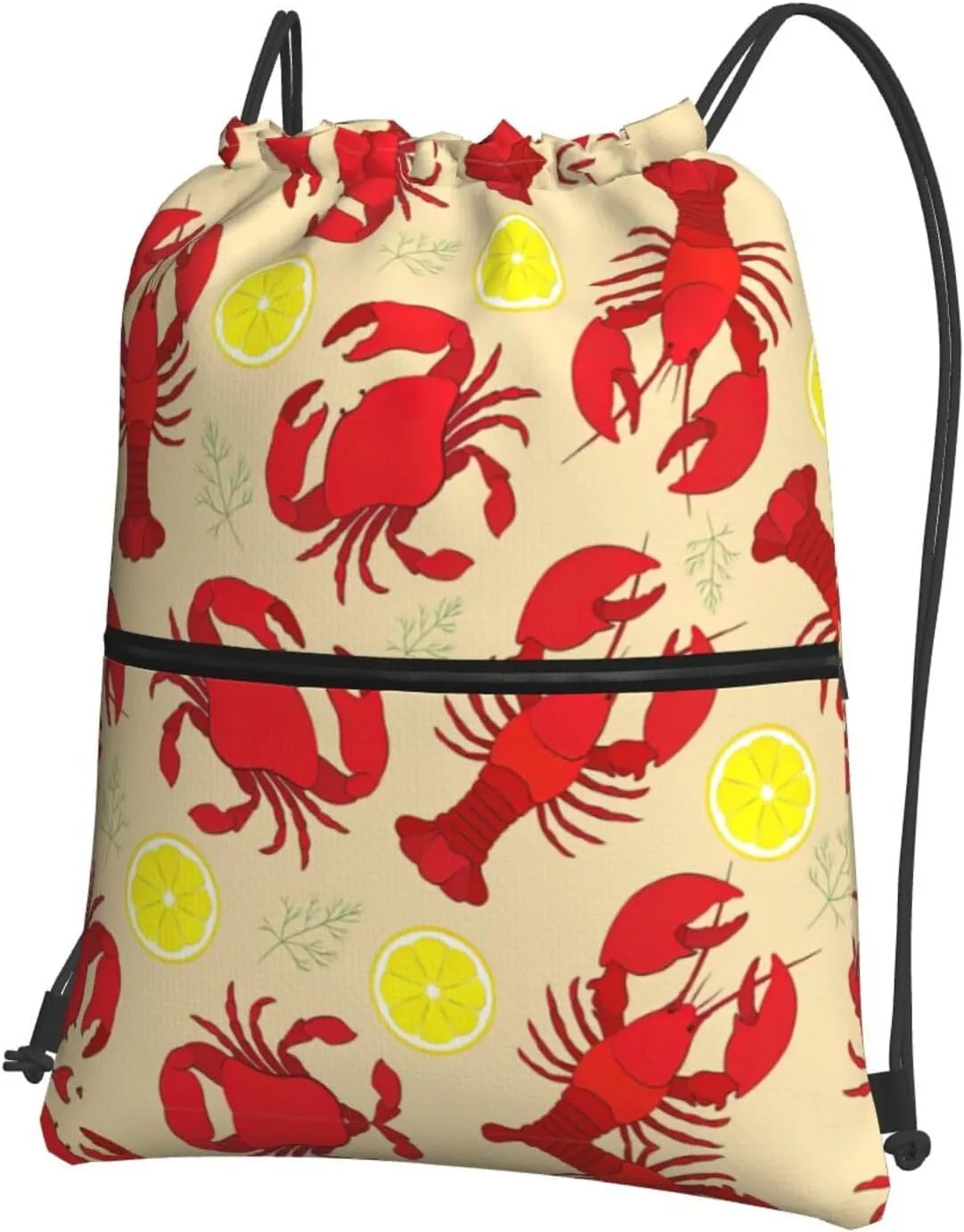 Lobster and Crab Print Drawstring Zipper Backpack – Gym Drawstring Bag for Sports, Yoga, Dance, Travel, and More