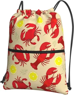 Lobster and Crab Print Drawstring Zipper Backpack – Gym Drawstring Bag for Sports, Yoga, Dance, Travel, and More