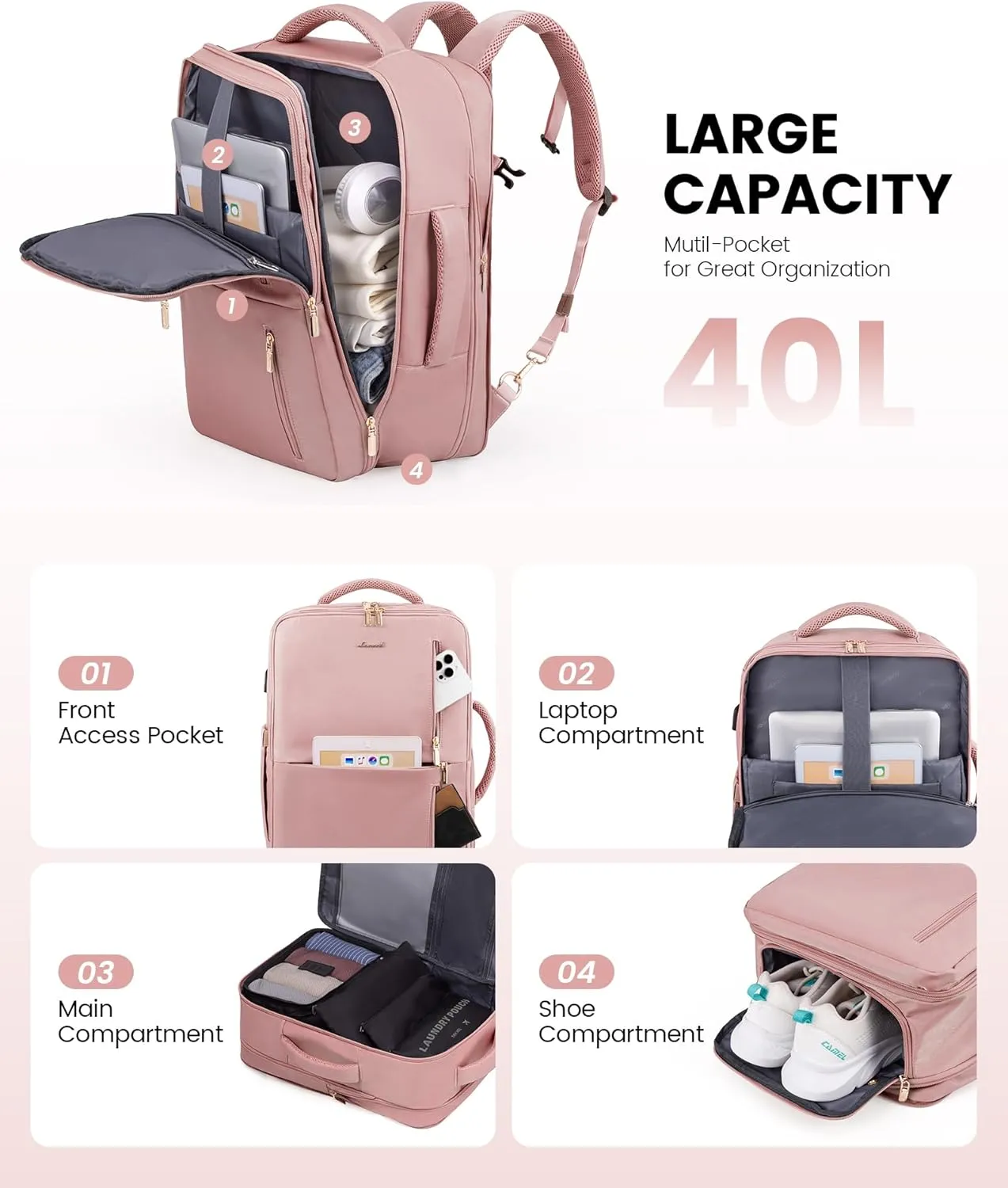 LOVEVOOK 40L Travel Backpack With 3 Packing Cubes Expandable Large Laptop Backpack Women Waterproof Backpack Waterproof Daypack Travel Bag TSA Fit 17inch Laptop Luggage With USB Charging Port
