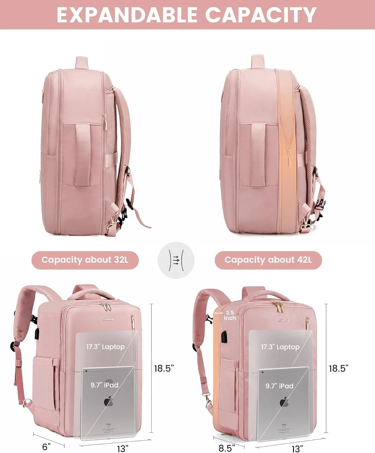 LOVEVOOK 40L Travel Backpack With 3 Packing Cubes Expandable Large Laptop Backpack Women Waterproof Backpack Waterproof Daypack Travel Bag TSA Fit 17inch Laptop Luggage With USB Charging Port