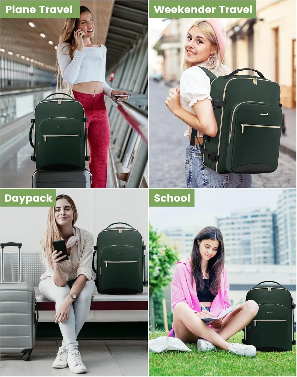 LOVEVOOK Travel Backpack for Women Men as Personal Item Flight Approved, 40L Luggage Carry On Backpack, 17.3inch Large Laptop Backpack Waterproof Outdoor Sports with 3 Packing Cubes, Dark green-Black