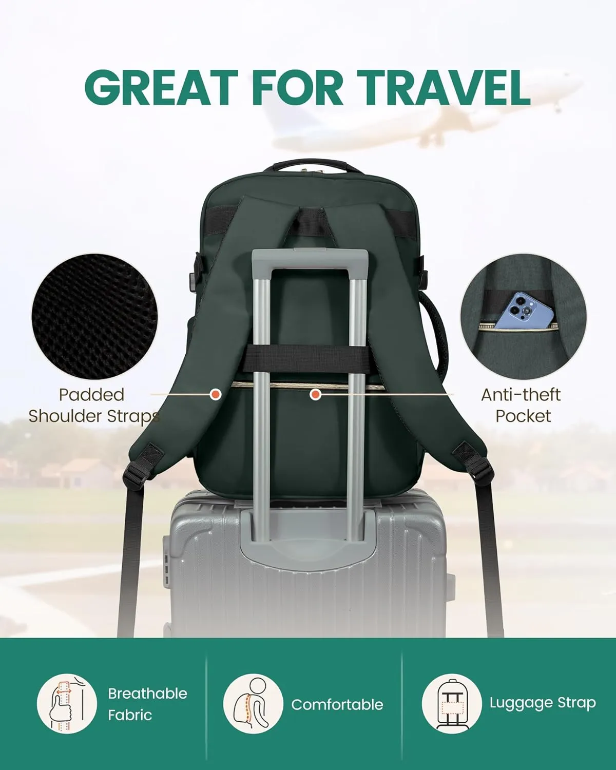 LOVEVOOK Travel Backpack for Women Men as Personal Item Flight Approved, 40L Luggage Carry On Backpack, 17.3inch Large Laptop Backpack Waterproof Outdoor Sports with 3 Packing Cubes, Dark green-Black
